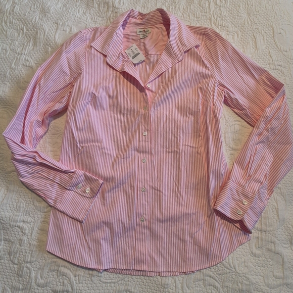 J. Crew Tops - J. Crew women's Medium pink and white stripe long sleeve blouse semi fitted NEW